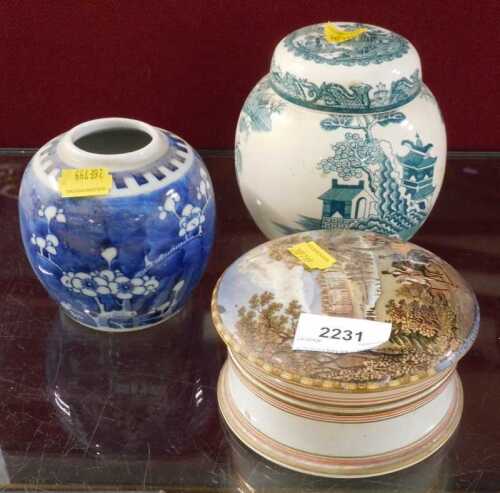 A 19thC Prattware pot lid, Strathfieldsaye, The Seat of the Duke of Wellington on stand, prunus...