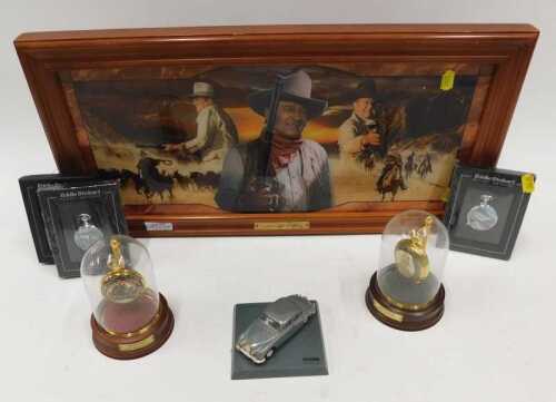 A John Wayne print, various Eddie Stobart cased pocket watches, diecast vehicles, pocket watches...