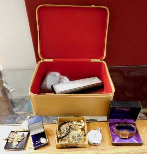 Various costume jewellery and effects, a mid 20thC micro mosaic brooch, decorated with flowers,...