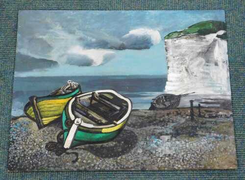 Jan Brychta (1928-2013). Seascape, boats on shore before cliffs, clouds gathering, acrylic-oil...