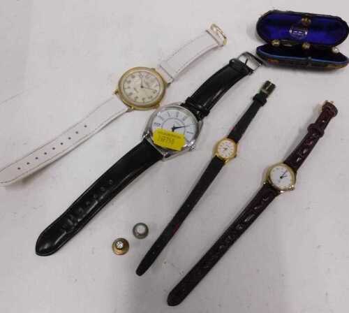 Various wristwatches, Citron, Saxon, Limit, etc., and a cased set of collar studs.