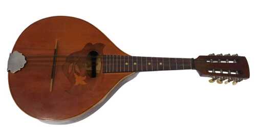 A 20thC Reghin Romania style mandolin, Portuguese design, etched with flower, with six strings,...