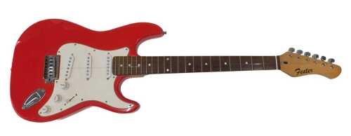 A Squier style guitar, in red and white colourway, one string, unnumbered, a late copy model,...