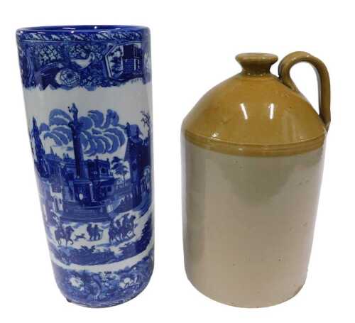A 20thC ironstone style blue and white transfer printed pottery stick stand, of cylindrical form,...