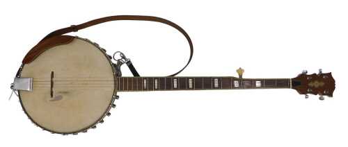 A 20thC banjo, with wooden mounts and five strings, 96cm long.