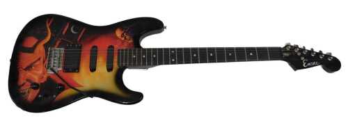 An Encore type Satan 666 style electric guitar, with devil themed graphics, and six strings,...