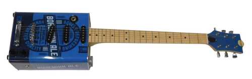 A Bohemian Guitars oil can electric guitar, in blue and white colourway, with six strings,...