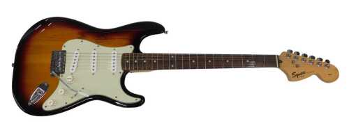 A Fender Strat Squier electric guitar, in brown and cream colourway, with six strings, numbered...