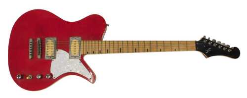 A First Act Sheena CE240 style electric guitar, in red and mother-of-pearl finish, with six...