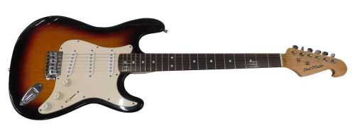 An electric guitar marked Strat O'Caster, in three tone sun burst finish, with six strings,...