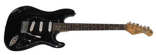 A Burswood electric guitar, in black with chrome coloured trim, with six strings, unnumbered,...
