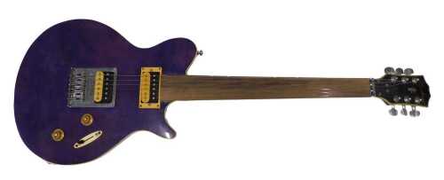 A fretless electric guitar, in purple trim with six strings, unnumbered, marked Hohner, 92cm...