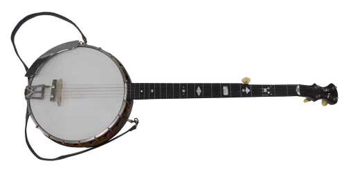 A 20thC J Willis banjo, with wooden frame, mother-of-pearl finish mounts, with five strings,...