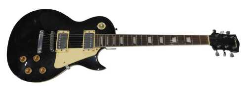 A Rockburn electric guitar, in black and cream colourway, with six strings, 99cm long.