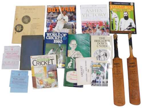 Various cricket related items, ephemera, etc., two miniature Len Hutton bats with printed...