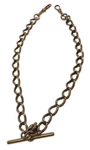 A figaro watch chain, with two clip ends and T bar, yellow metal stamped 9ct, 36cm long, 39.2g.