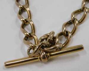 A figaro watch chain, with two clip ends and T bar, yellow metal stamped 9ct, 36cm long, 39.2g. - 2