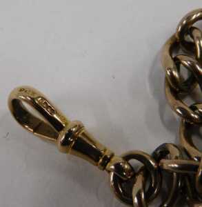 A figaro watch chain, with two clip ends and T bar, yellow metal stamped 9ct, 36cm long, 39.2g. - 4
