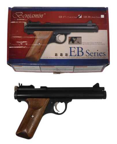 A Crosman Benjamin EB17 .177 calibre air pistol, wooden handles, boxed. 
A photographic identity...
