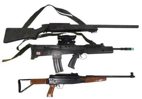 A Umarex model L85A 6mm BB gun, SA80 BB gun, together with a camouflage bolt action BB gun, and...