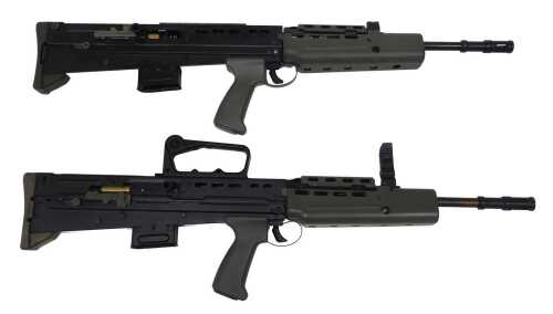 An R85A1 series 5.56mm BB gun SA80 assault rifle style, together with a second example. 
A...