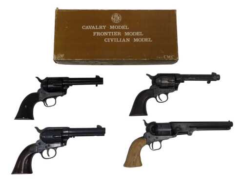 A Colt replica peacemaker, together with three other replica American cowboy type revolvers. A...