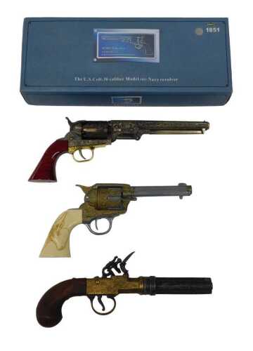A decorative replica US Colt .36 calibre model 1851 navy revolver, together with a replica four...