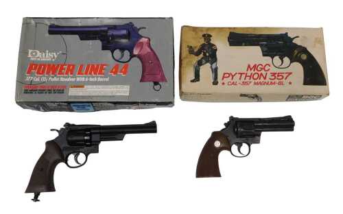 A Daisy Powerline 44 .177 calibre CO2 pellet revolver, boxed, together with a replica Python...