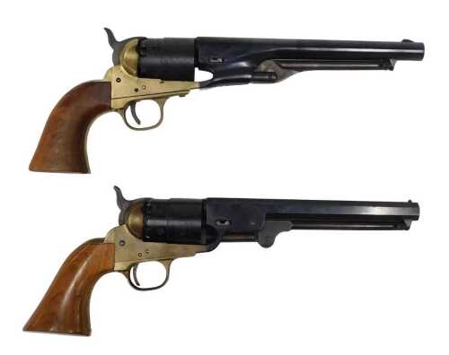A replica brass framed Colt Navy .455 revolver, together with a replica brass framed Remington,...
