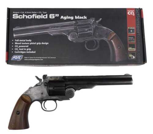A Smith and Wesson Schofield 4.5mm replica plastic pellet CO2 air pistol. A photographic...