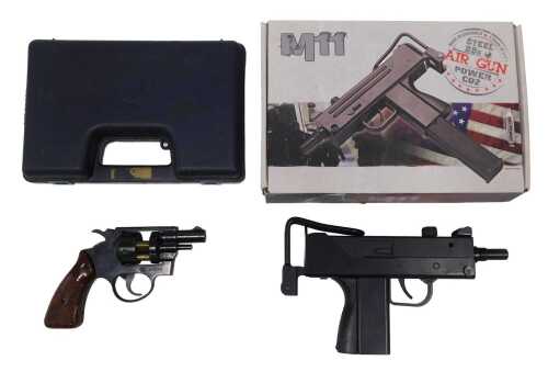 An M11 4.5mm ball bearing CO2 powered air gun, together with a Raikal CO2 powered replica and a...