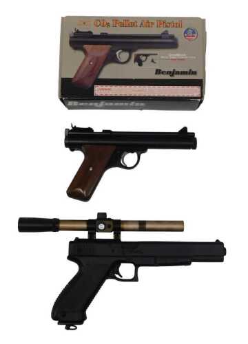 A Daisy Powerline model 1700 CO2 BB gun, together with a Benjamin Sheridan CO2 pellet air pistol,...