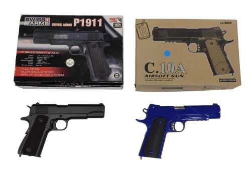 A Swiss Arms P1911 .177 4.5mm CO2 operated BB gun, together with a C10A 6mm calibre BB gun. 
A...