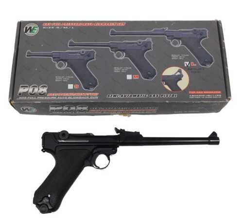 A WE PO8 CO2 powered 6mm BB gun, in the form of a World War I long or artillery Luger, in box,...