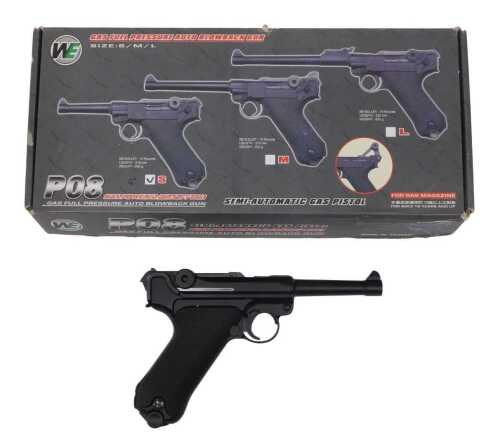 A WE PO8 CO2 powered 6mm BB gun, in the form of a German Luger pistol, toggle action, with spare...