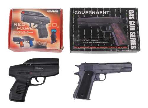A Government Colt 1911 6mm CO2 powered replica BB gun, together with a Walther Red Hawk 4.5mm...