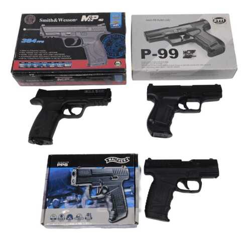 A Smith and Wesson MP40 CO2 6mm BB gun, together with an STTI Taiwan P99 6mm pistol, and a...
