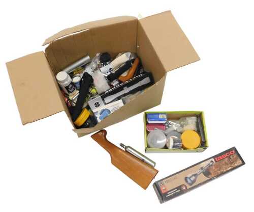 BB gun accessories, to include CO2 bottles, pellets, stocks, holsters, etc. (a quantity) 
A...