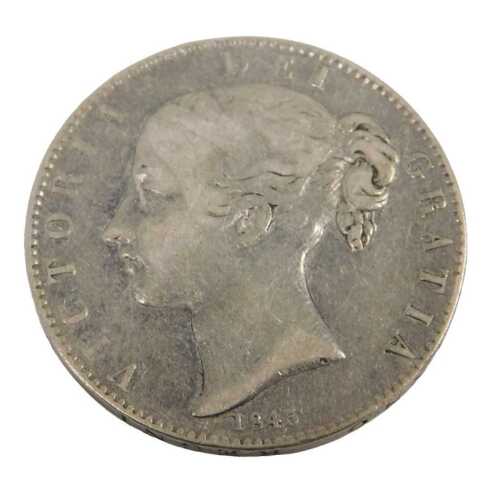 A Queen Victoria silver crown coin 1845, in outer capsule.