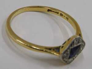 A sapphire and diamond Art Deco style dress ring, the diamond shaped ring head centred by a... - 2