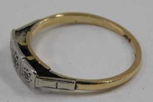 An Art Deco dress ring, the three sectional panel set with three tiny diamonds, on a yellow... - 2