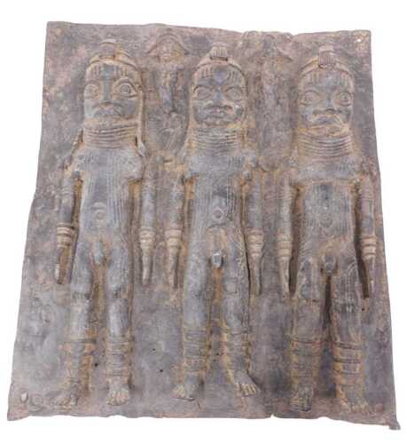 A Benin style bronze tribal plaque, 45cm x 39cm.
