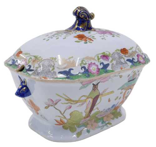 A 19thC Oriental design pottery soup tureen, of large proportion, with octagonal outline,...
