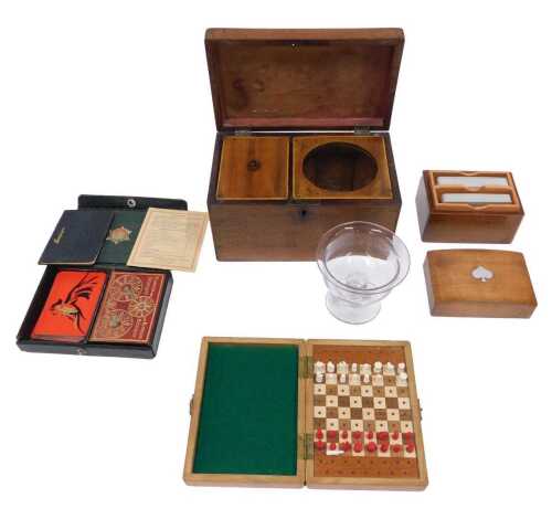 Various treen, a 19thC mahogany single tea caddy of rectangular form, with part fitted interior...