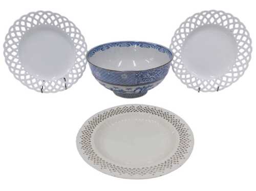 A 20thC Chinese porcelain blue and white bowl, of circular form, the inner profusely decorated...