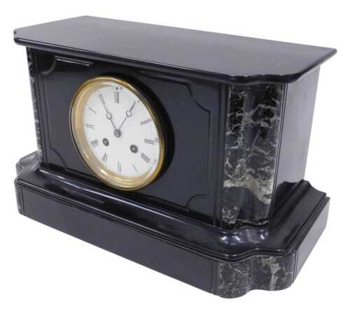 A 19thC slate and marble mantel clock, the 12cm diameter Roman numeric dial in an architectural...