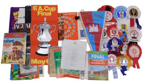 Various football cricket and related ephemera, rosettes, etc., an FA Cup final 1974 Newcastle...