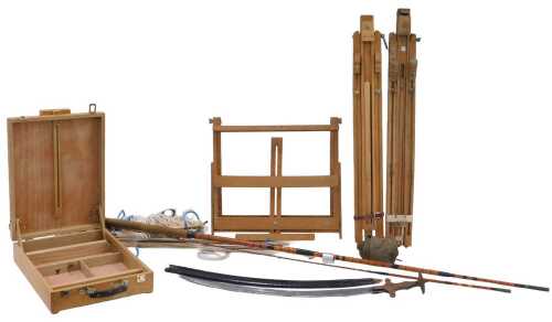 Various collectable items, etc., an artist's easel in beech, with leather and metal fittings...