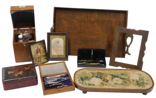 Various treen, collectable items, etc., a Victorian style shellwork sweetheart maritime diorama,...