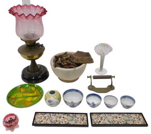 Various pottery and effects, a pair of Chinese Qing shoulder epaulettes, profusely decorated...